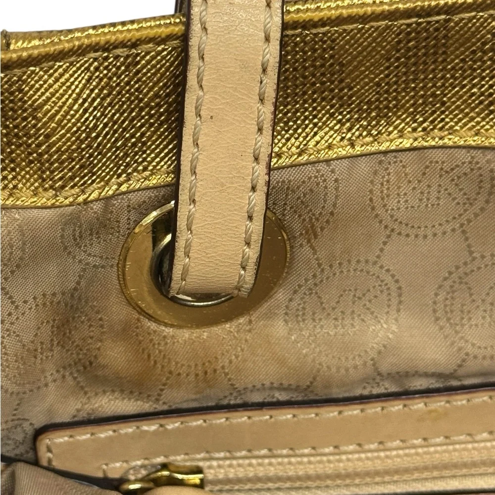 Michael Kors Jet Set East West Signature Gold Metallic Tote Purse Shoulder Bag